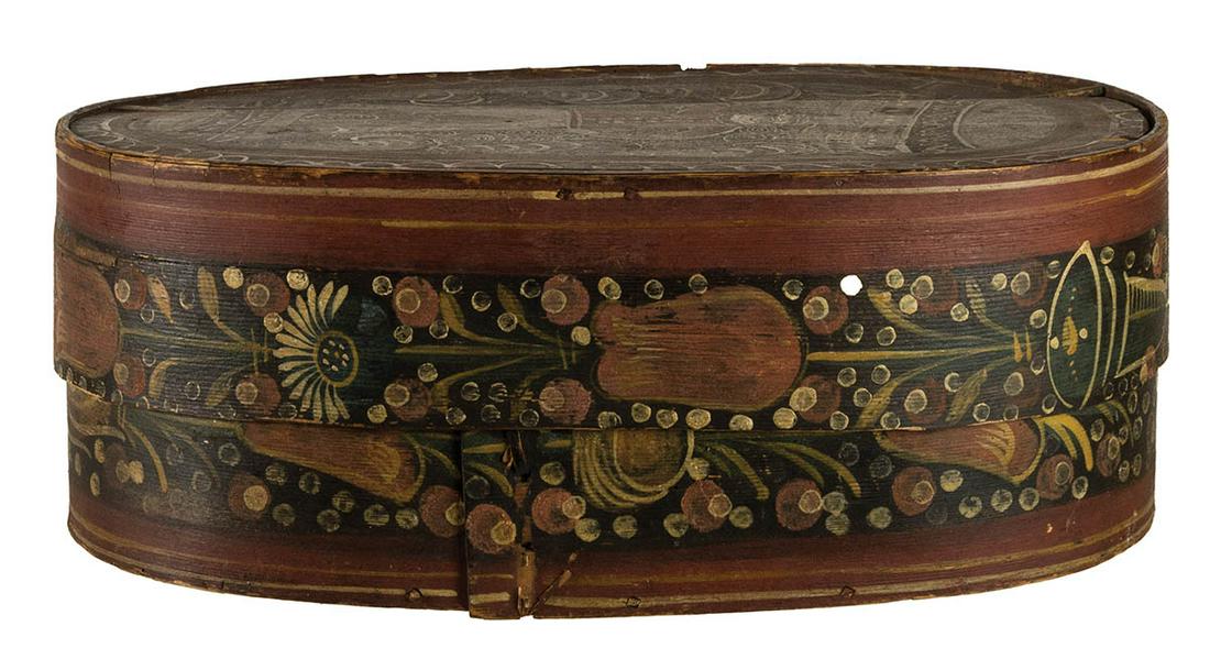EARLY 19TH C. SCANDINAVIAN BRIDE'S BOXOval shape with: EARLY 19TH C. SCANDINAVIAN BRIDE'S BOXOval shape with red, yellow and cream on blue/black background, tulips and floral/geometrics around the sides, a gentleman in top hat waving on the lid, wood pegg