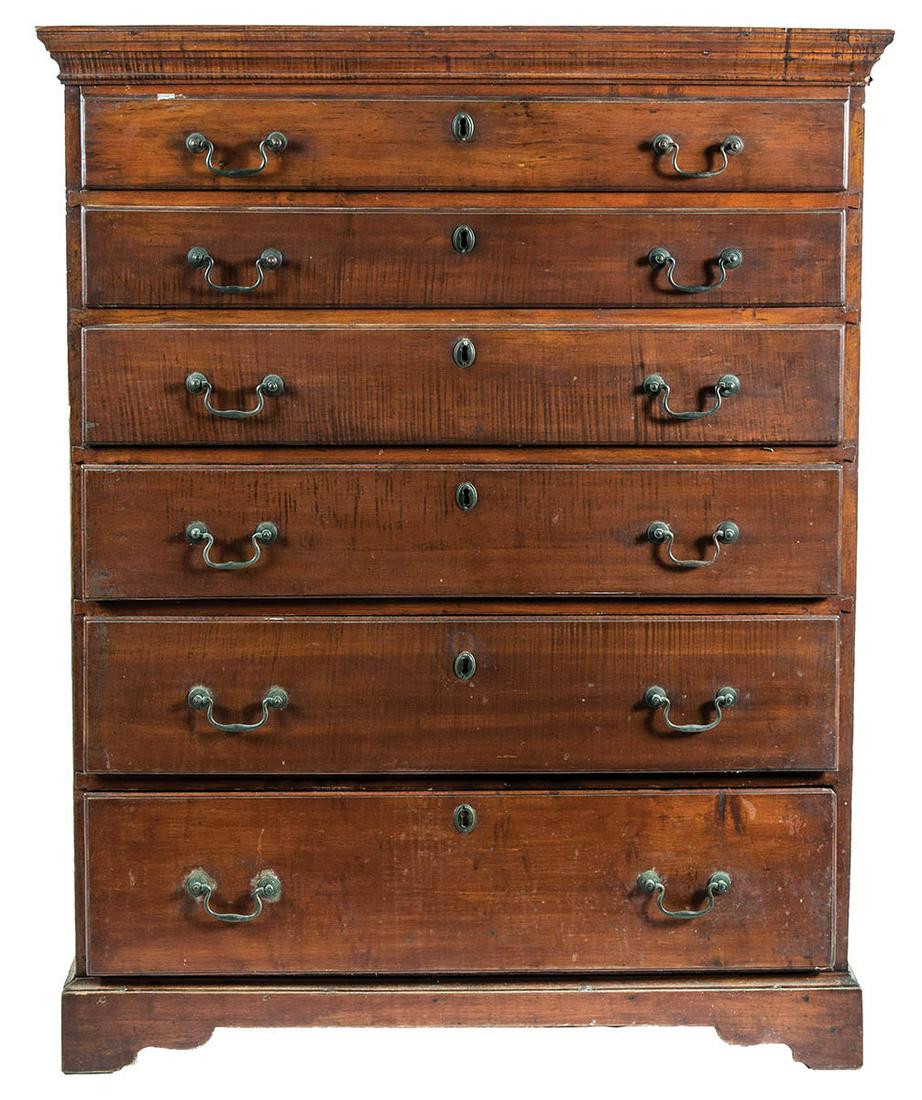 18TH C. CHIPPENDALE CHESTNew England, tiger maple, six: 18TH C. CHIPPENDALE CHESTNew England, tiger maple, six graduated, dovetailed and molded lip drawers, with original brass pulls, dovetailed bracket base (low), dovetailed case with step molded top, 47"