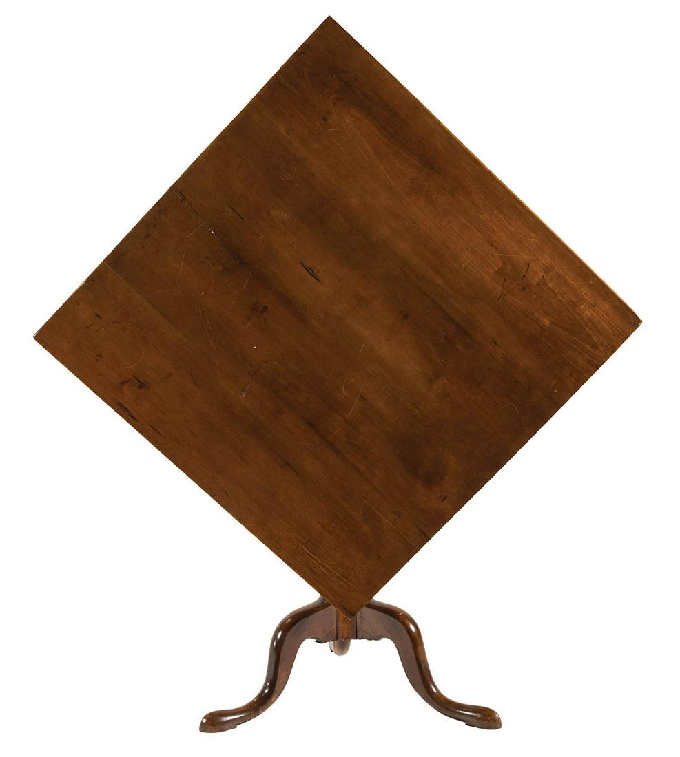 18TH C. QUEEN ANNE TEA TABLECherry, tip top, square: 18TH C. QUEEN ANNE TEA TABLECherry, tip top, square top, vase and ring turned shaft, on three carved snake legs with pad feet, 33" sq.