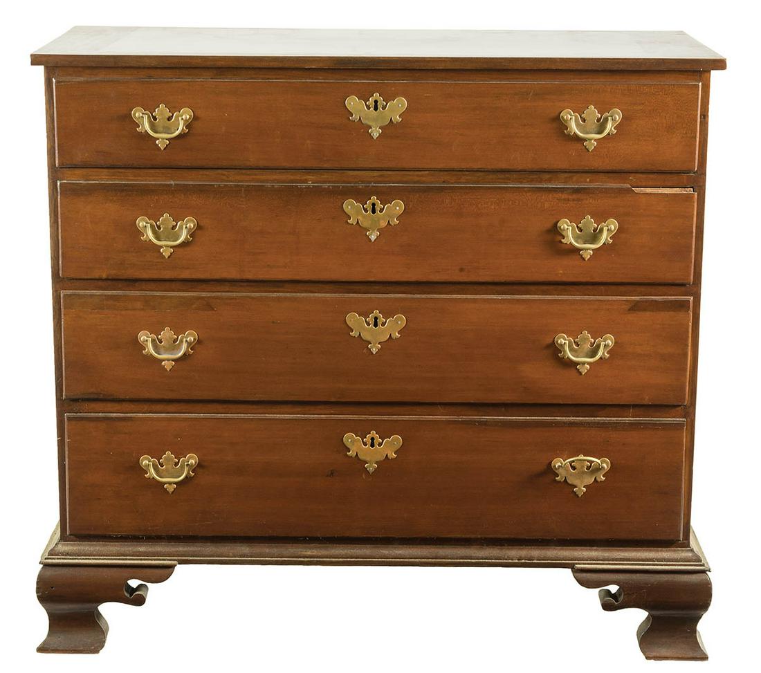 18TH C. FOUR DRAWER CHESTCherry, ogee bracket base,: 18TH C. FOUR DRAWER CHESTCherry, ogee bracket base, dovetailed and molded lip drawers, graduated, old replaced brass, old hand rubbed finish, 39" h, 41" w, 18" d.