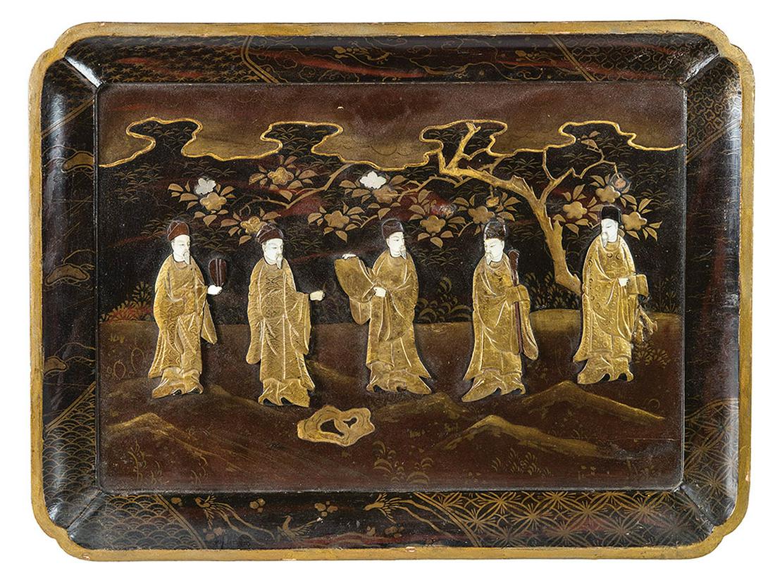 LARGE CHINESE EXPORT TRAYChippendale style tray, with: LARGE CHINESE EXPORT TRAYChippendale style tray, with five elder figures in a garden, finely painted in gold and reds, 20" h, 27" w.