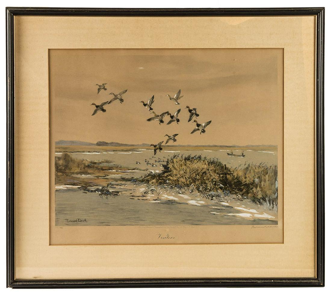 TWO COLORED PRINTS"Snug Harbor", 1947, from the: TWO COLORED PRINTS"Snug Harbor", 1947, from the painting by J.D. Knap, (pencil signed J.D. Knap), 16 1/2" x 20 1/2" (sight); "Ducks Coming In", Roland Clark, "Visitors", hunters and ducks, pencil sign