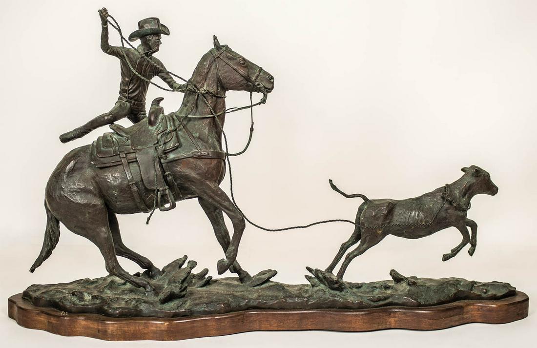 EXCEPTIONAL WESTERN BRONZEBronze by sculptor Truman: EXCEPTIONAL WESTERN BRONZEBronze by sculptor Truman Bolinger (American, 1944-), "Wild and Rugged", dated 1973, cowboy roping a calf, 20 1/2" x 35", (ex. estate of Justin Cobb).