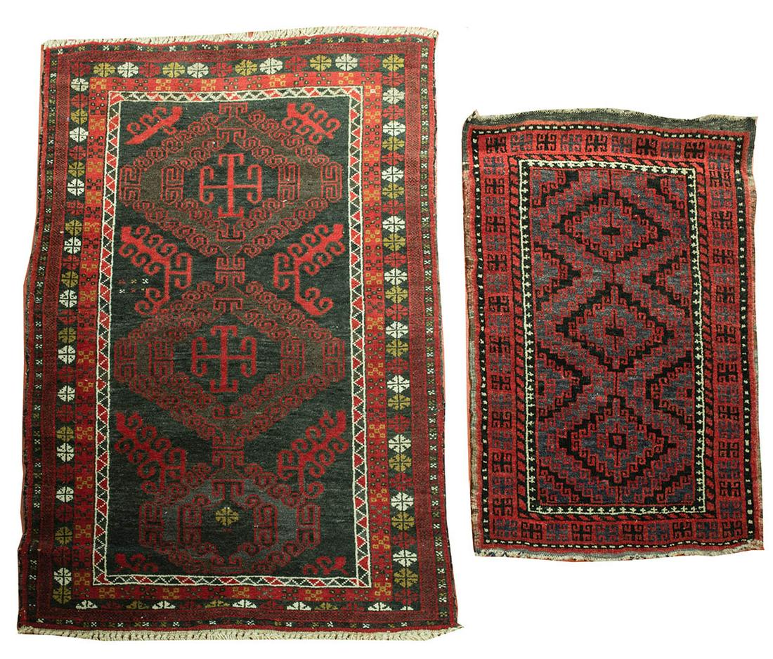 SCATTER RUGSTwo Balouche scatter rugs, wool, hand: SCATTER RUGSTwo Balouche scatter rugs, wool, hand knotted, mid 20th c., 4' 7" x 2' 10", 2' 1" x 3' 2".