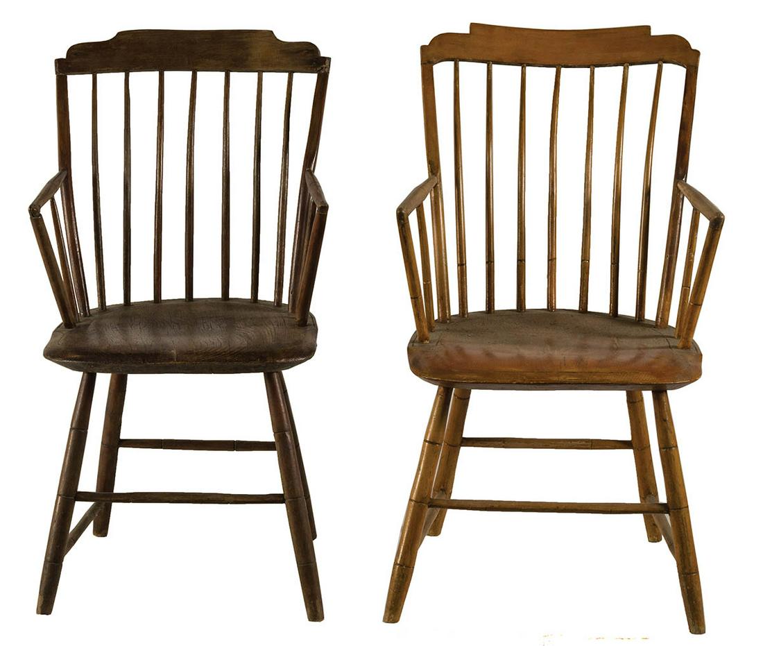 SIX 19TH C. STEPDOWN WINDSORSPlank seat side chairs,: SIX 19TH C. STEPDOWN WINDSORSPlank seat side chairs, (two armchairs), various finished surfaces, one in yellow with stencil crest.