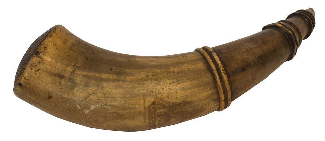 TWO POWDER HORNSThree-masted ship at top, and a: TWO POWDER HORNSThree-masted ship at top, and a two-masted ship at bottom, 15" l; Etched nautical motif, scene includes two ships, "Alexa", boats harpooning fish, plants, "Ilexander Churcill", (crack