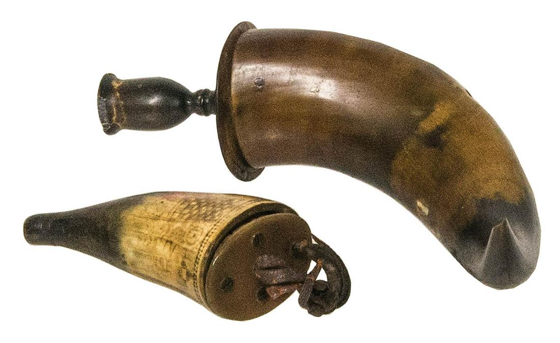 FOUR POWDER HORNSPowder horn, decorated horn plate end: FOUR POWDER HORNSPowder horn, decorated horn plate end with turned horn candle measure, edge of measure has damage, 10" l; Horn salt, or snuff box, with etched designs, 4 1/2" l; Horn with a metal mea