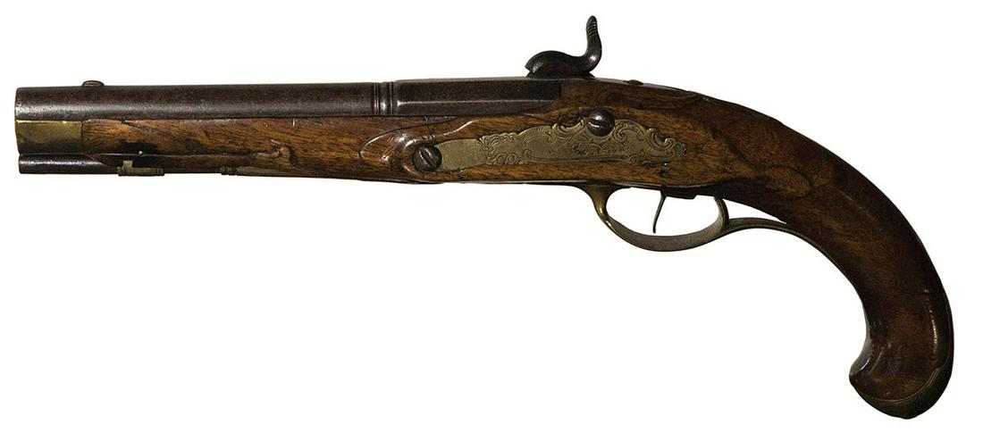 PERCUSSION PISTOLOctagon to round barrel, an unmarked: PERCUSSION PISTOLOctagon to round barrel, an unmarked lock plate, wooden stock carving, engraved brass side plate, trigger guard and butt cap, crack in grip and wear, converted from flintlock rifled b