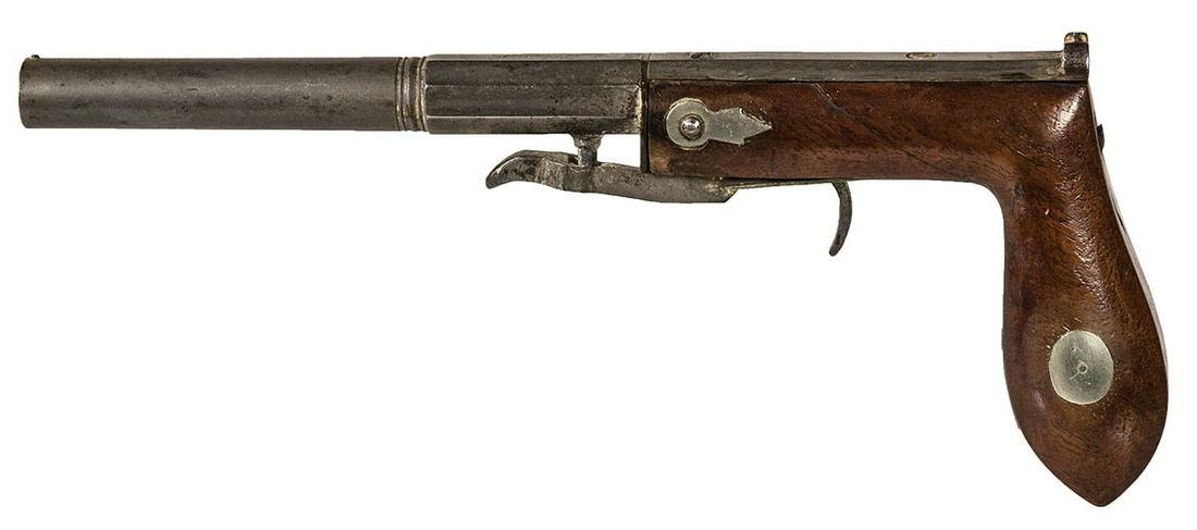 UNDERHAMMER PERCUSSION PISTOL, .32 CALCirca 1840-1850,: UNDERHAMMER PERCUSSION PISTOL, .32 CALCirca 1840-1850, possibly New Hampshire manufactured, 12 percent nickel silver, spring needs repair, cast steel octagonal to round barrel, crack in upper stock, s