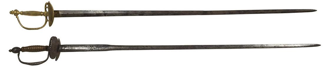 TWO SWORDSSword with steel guards and pommel, some worn: TWO SWORDSSword with steel guards and pommel, some worn engraving on blade, copper wrapped grip, 37" l; Sword with brass guards, pommel and grip, blade has an old repair, 36 3/4" l.