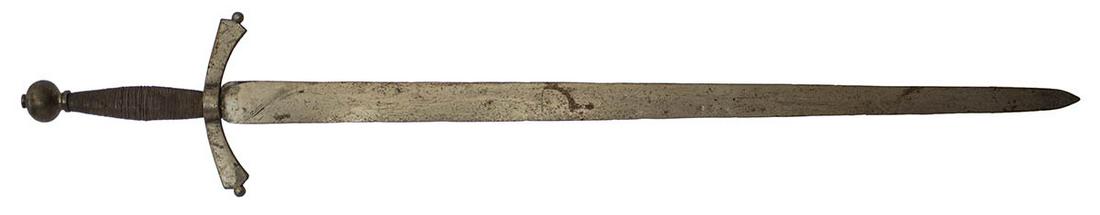 TWO-HANDED SWORDCrusader style sword, with a stamped: TWO-HANDED SWORDCrusader style sword, with a stamped mark on the blade, age undetermined, 42 1/4" l.