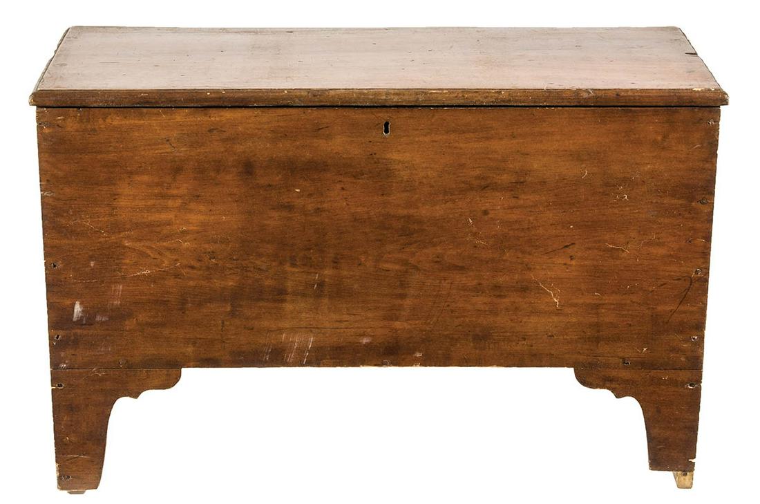 EARLY 19TH C. BLANKET BOXPoplar, on a raised carved: EARLY 19TH C. BLANKET BOXPoplar, on a raised carved base, interior till with drawer under, 24" h, 37" w, 15" d.