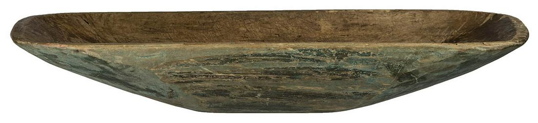 EARLY NEW ENGLAND TRENCHER/CHOPPING BOWLOval, in: EARLY NEW ENGLAND TRENCHER/CHOPPING BOWLOval, in original green painted finish, shows in-use wear, 3 1/2" h, 21" l, 8 3/4" w.