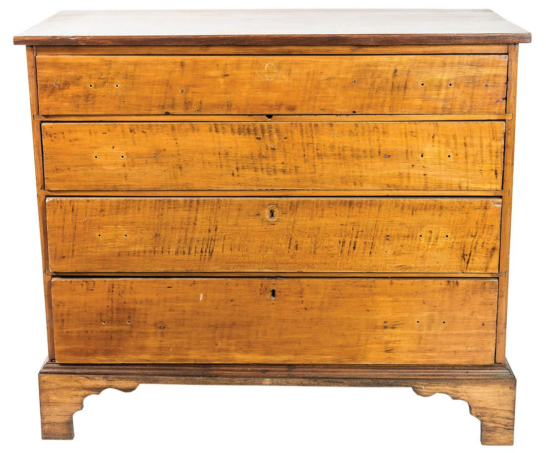 18TH/19TH C. FOUR DRAWER CHESTNew England, birch and: 18TH/19TH C. FOUR DRAWER CHESTNew England, birch and tiger maple, graduated drawers, no brass pulls, bracket base, base replaced, 32 1/2" h, 36" w, 18" d.
