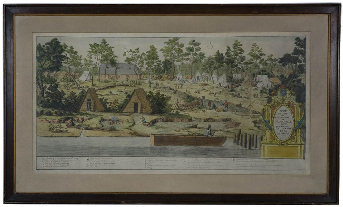 HAND COLORED PRINT OF FRENCH SETTLEMENTRare print of a: HAND COLORED PRINT OF FRENCH SETTLEMENTRare print of a French Settlement of New Biloxy on Coast of Louisiana, dated December 1720, shows a picture of daily life in early Louisiana with cooking fires, 