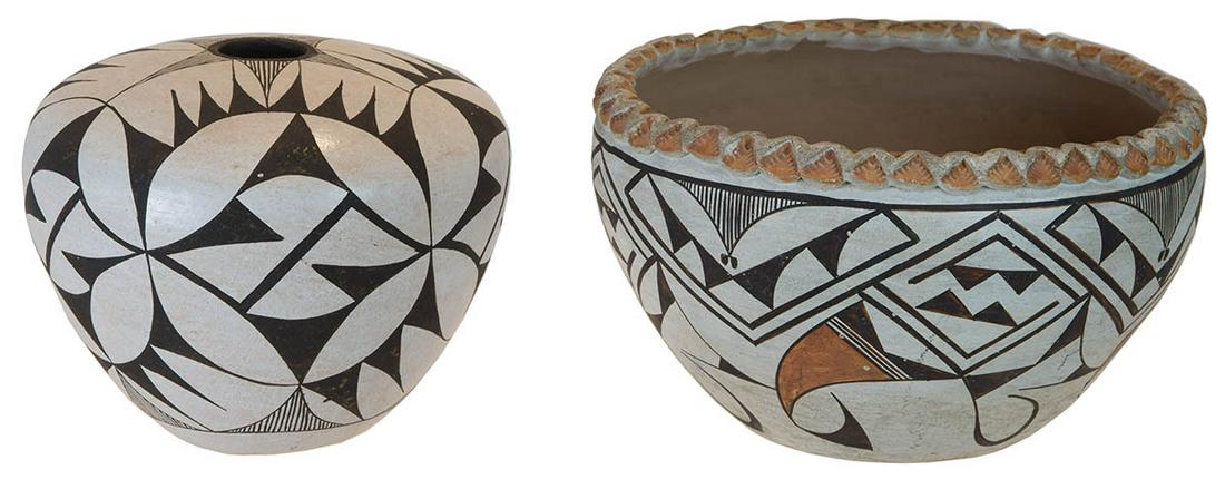 TWO OLDER ACOMA POTTERY PIECESSeed jar with geometric: TWO OLDER ACOMA POTTERY PIECESSeed jar with geometric interwoven with intricate star design on top, signed "Acoma, NM, E. Chino", 6" h, 7" w (at girth); Bowl with red serrated rim, geometric designs i