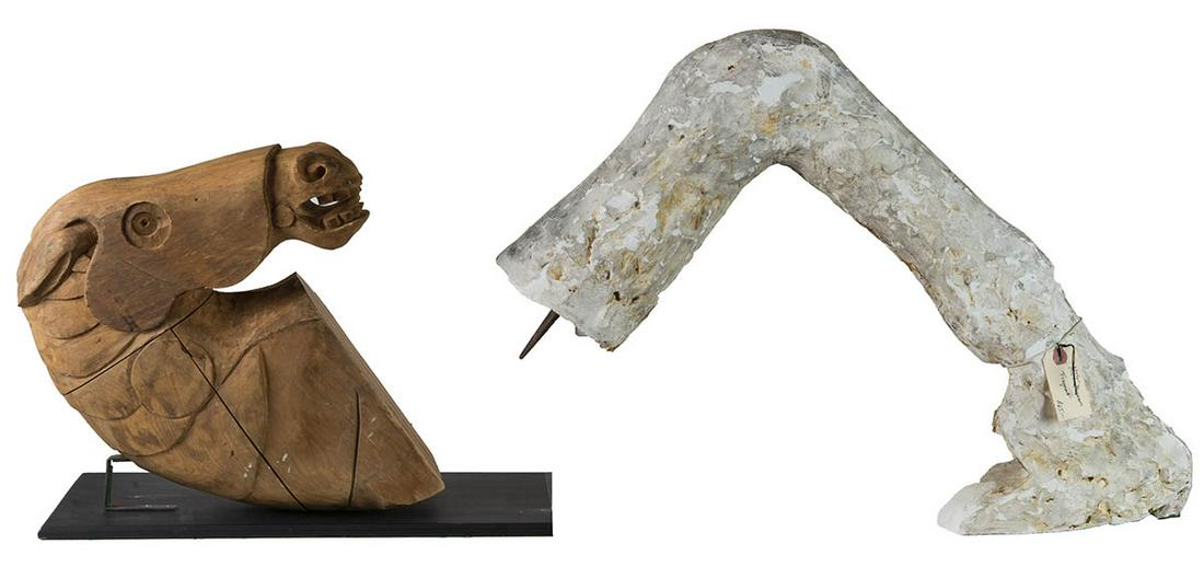 CARVED HORSE HEAD, PLASTER HORSE LEGPine horse head,: CARVED HORSE HEAD, PLASTER HORSE LEGPine horse head, 19" h; Plaster horse leg, sold at Sotheby's, Met Museum Collection, NYC, (possibly cast of a famous race horse), 26" h, 15" w
