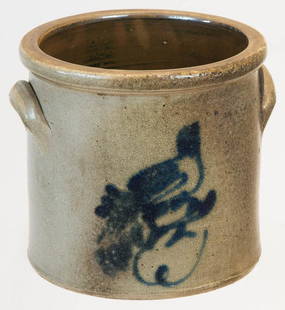 19TH C. STONEWARE CROCKOne-gallon crock, with decorated: 19TH C. STONEWARE CROCKOne-gallon crock, with decorated cobalt blue bird on a branch, overall good condition, 7 1/2" h, 7 3/4" dia.