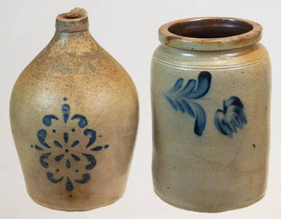 TWO 19TH C. PENNSYLVANIA STONEWARE PIECESStoneware, "H.: TWO 19TH C. PENNSYLVANIA STONEWARE PIECESStoneware, "H. Cowden, Harrisburg", with stenciled cobalt design on front, overall good condition; Large cobalt jar, with three cobalt floral tulip designs