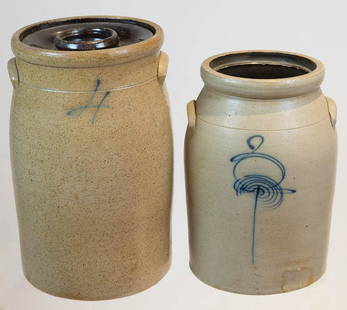 TWO 19TH C. STONEWARE PIECESDouble handled churn, "4": TWO 19TH C. STONEWARE PIECESDouble handled churn, "4" gallon, 15 1/2" h, 9" dia; Cobalt decorated double handled crock, three-gallon, 13 1/2" h, 7" dia.