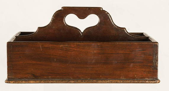 19TH C. CUTLERY BOXWalnut, with cutout heart handle,: 19TH C. CUTLERY BOXWalnut, with cutout heart handle, finely dovetailed, original finish, good patina and condition, 6 1/2" h, 13" l, 9" w.