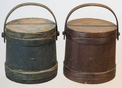 TWO 19TH C. PINE FIRKINSOne in original green, the: TWO 19TH C. PINE FIRKINSOne in original green, the other in original red paint, both appear to be indistinctly stamped on lid, found in an estate in Hingham, MA, 10" h, 10" dia.