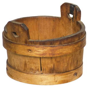 19TH C. HINGHAM TOY TUBPine, original finish, raised: 19TH C. HINGHAM TOY TUBPine, original finish, raised handles, stamped on bottom "CH" (Cotton Hersey), 2" h (to top of handle), 2 1/2" dia.