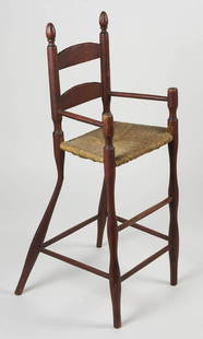 NEW ENGLAND HIGH CHAIRLate 18th/early 19th c. high: NEW ENGLAND HIGH CHAIRLate 18th/early 19th c. high chair, maple, original cherry red painted finish, two-slat back, tall finials, straight arms, turned arm supports, front stretcher with appropriate