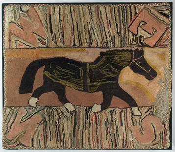 EARLY FOLK ART HOOKED RUGVery fine hooked rug, of a: EARLY FOLK ART HOOKED RUGVery fine hooked rug, of a bridled trotting black horse, surrounded by large directionals "N.S.E.W.", one in each corner, mounted on a frame for wall hanging, minimal wear app