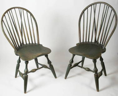 VERY RARE 18TH C. WINDSOR CHAIRSPair of bold 18th c.: VERY RARE 18TH C. WINDSOR CHAIRSPair of bold 18th c. New England Windsor chairs, worn green painted finish, brace back, nine-spindle, saddle seat, heavy splayed legs with vase and ring turnings,