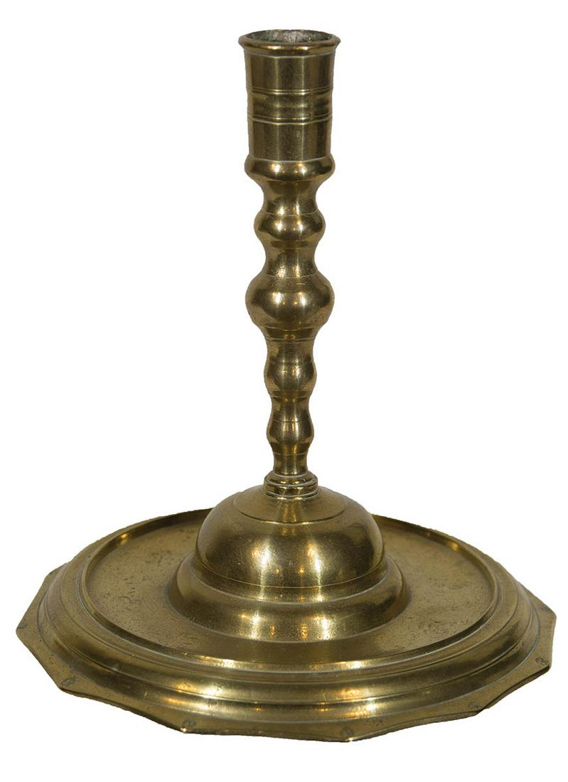 RARE 16TH C. BRASS CANDLESTICKCircular footed base, (1 of 3)