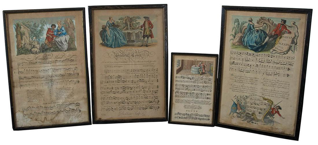 FOUR FRAMED MUSICAL SCORE PLATES18th c. hand-colored (1 of 1)