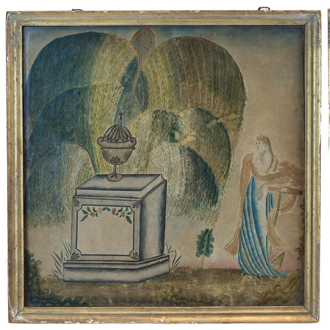 19TH C. EARLY SAILOR'S LAMENT WATERCOLORWeeping willow, (1 of 2)