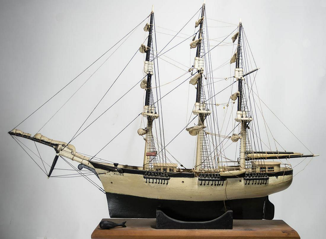 EARLY CARVED WOOD SHIP MODELThree masts, fully rigged,: EARLY CARVED WOOD SHIP MODELThree masts, fully rigged, "Alice" whaler, (with small carved whale), 23" h, 33" l, (ex. Lane estate, Hingham, MA).