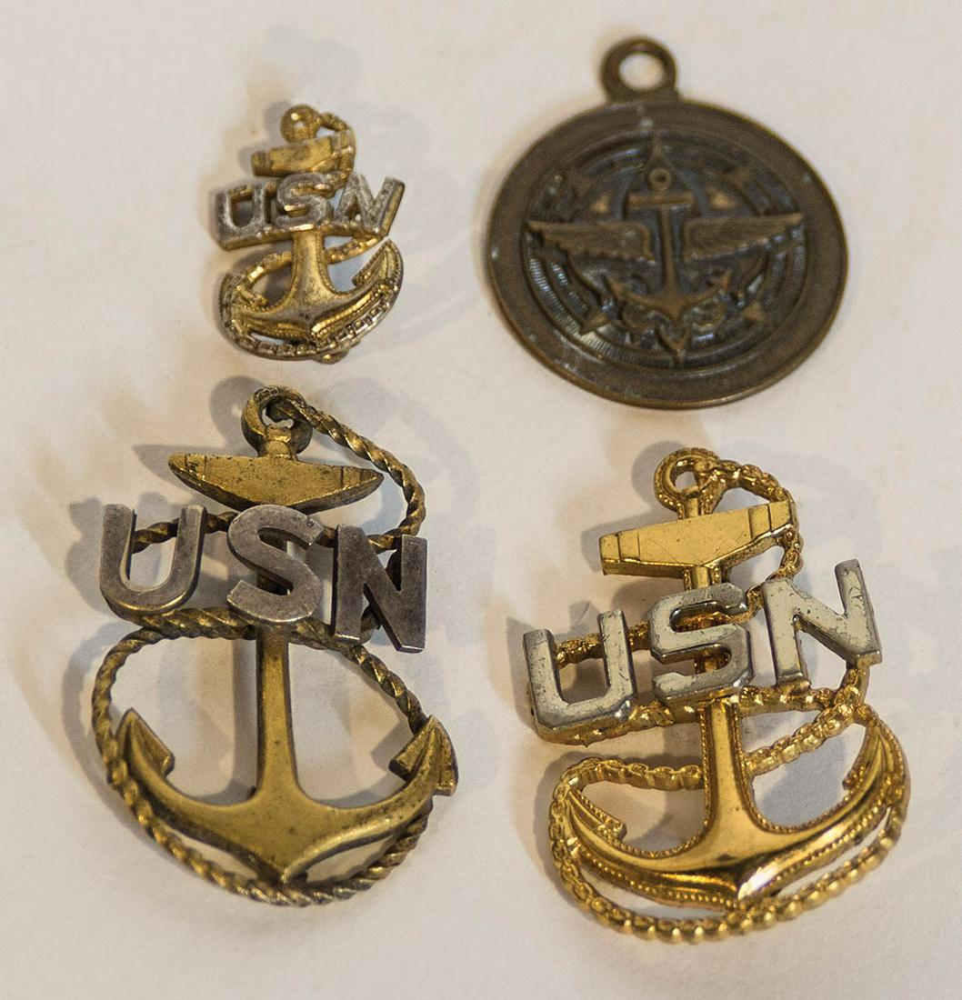 NAVAL PINS; BRONZE MEDALLIONThree gold plated U.S.N. (1 of 1)