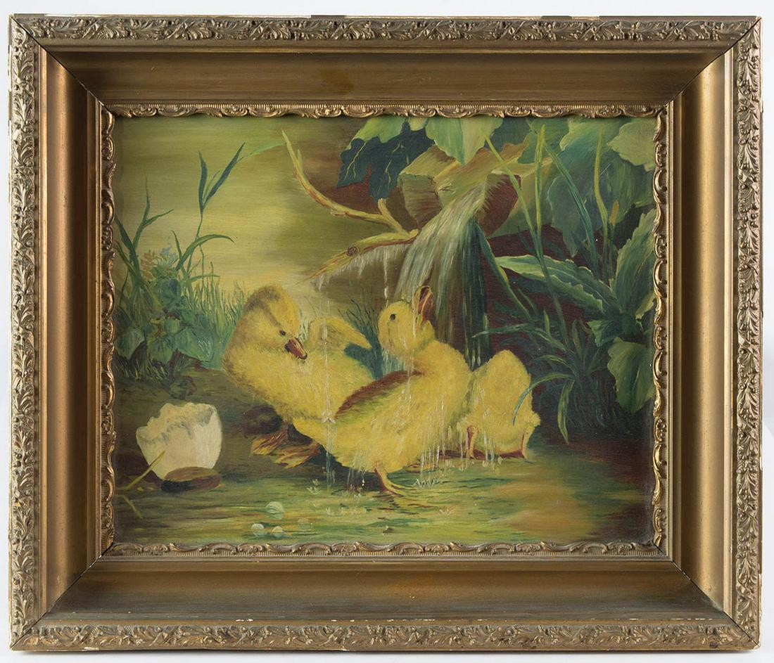OIL ON BOARD OF YELLOW DUCKLINGSSecond half of 19th c.,: OIL ON BOARD OF YELLOW DUCKLINGSSecond half of 19th c., American, oil on academy board, ducklings frolicking underneath water coming down a drain pipe, with a verdant landscape in background, in a per