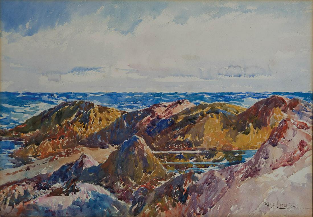 WATERCOLOR ON PAPER BY PHILIP LITTLETitled "By the: WATERCOLOR ON PAPER BY PHILIP LITTLETitled "By the Shore", signed l.r. and on back paper "Philip Little" (1857-1942), dated "1927", "dedicated to Henry and Mrs. Batchelder on their 50th wedding annive