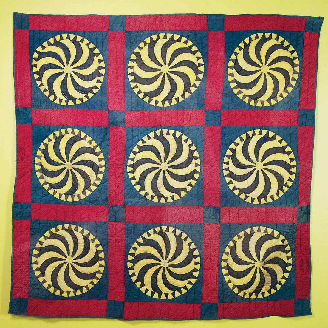 EARLY QUILTNine large squares, with greens, reds, brown (1 of 1)