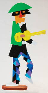 TWO WILLIAM ACCORSI FIGURESOutsider art, brightly: TWO WILLIAM ACCORSI FIGURESOutsider art, brightly painted sculptural flat wood figures, guitarist in jazzy pants, and black mask, 23" h; and a sailor, with orange hair and a black hat, blowing a bugle