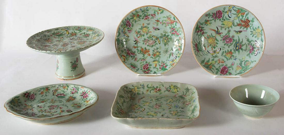 19TH C. CERAMIC PIECESCeladon, plates, bowl, compote, (1 of 2)