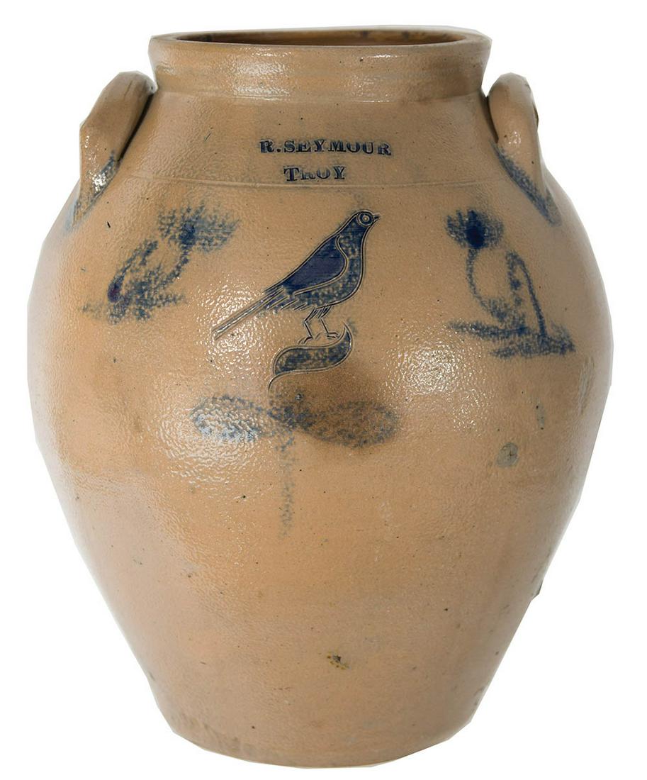 LARGE OVOID STONEWARE CROCKCrock with incised blue bird (1 of 2)