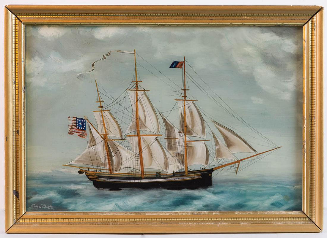 REVERSE GLASS PAINTINGThree-masted ship flying the: REVERSE GLASS PAINTINGThree-masted ship flying the American flag, signed l.l. "Jane Shultz", gilded wood frame, found in Rockland, Maine, 13" x 19 3/4" (sight).