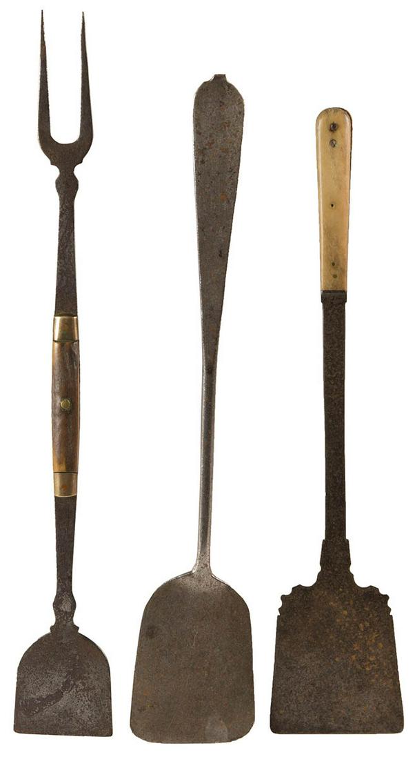 THREE 18TH C. KITCHEN UTENSILSFine and rare utensils to: THREE 18TH C. KITCHEN UTENSILSFine and rare utensils to include a bone handled iron spatula, wtih delicately scrolled blade, 14" l; an 18th c. combination fork and spatula, wtih medial bone handle, 16