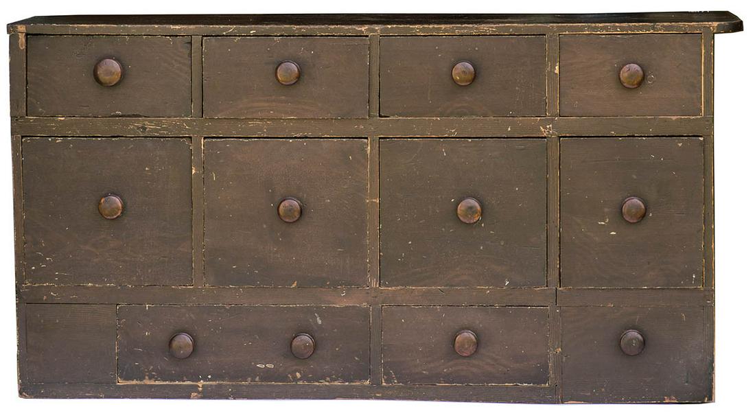 19TH C. APOTHECARY CHESTNew England, pine, ten drawer (1 of 4)