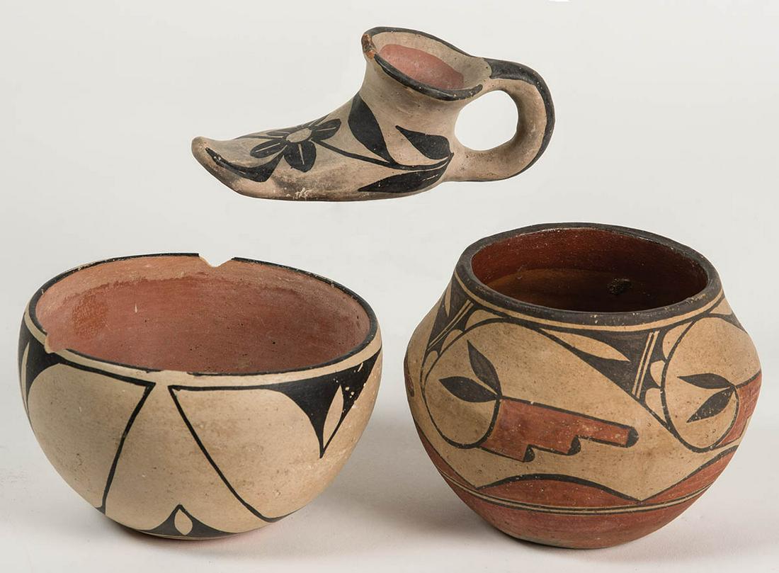 THREE PUEBLO POTTERY PIECESTwo small jars, 4" h, 5 1/2" (1 of 1)