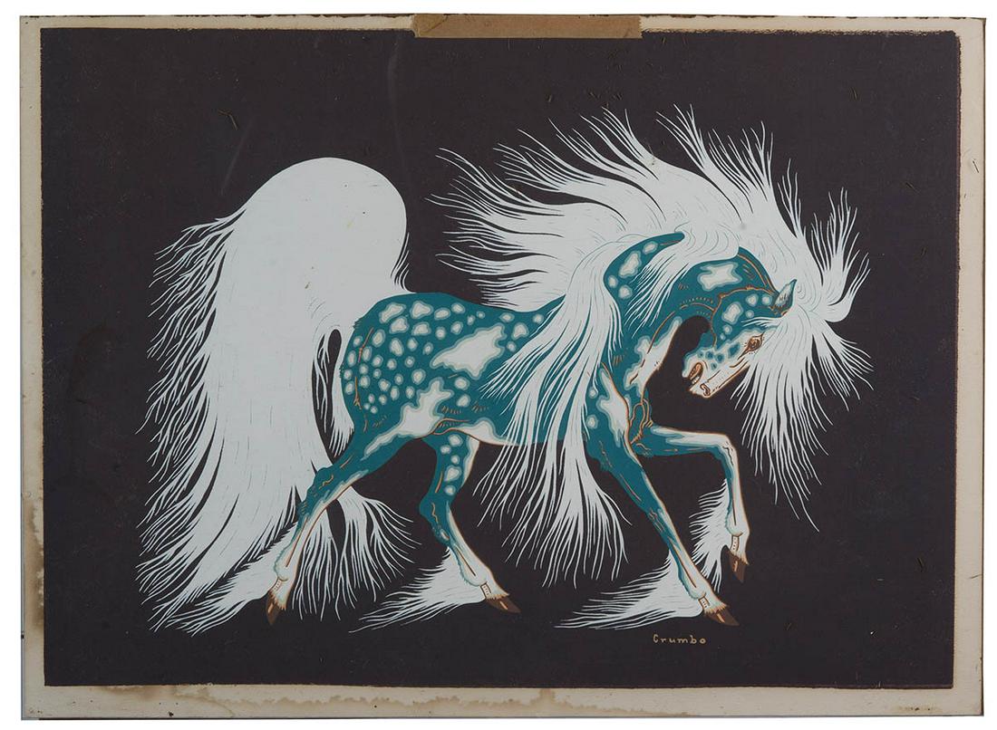 PRINT OF BLUE SPIRIT HORSEWoodrow Wilson Crumbo (Woody: PRINT OF BLUE SPIRIT HORSEWoodrow Wilson Crumbo (Woody Crumbo, 1912-1989, Potawatomi Nation), print, "The Blue Spirit Horse", signed l.r. "Crumbo", minor water stain at margin in the center and at lef