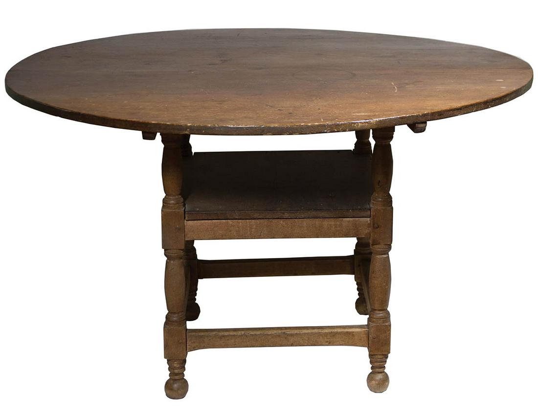EARLY NEW ENGLAND HUTCH TABLERound top, turned legs,: EARLY NEW ENGLAND HUTCH TABLERound top, turned legs, stretcher base, old refinish, from the Historical Mordecai Lincoln House, Scituate, MA, 28 1/2" h, 47" dia.