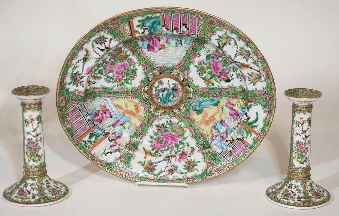 FOUR 19TH C. ROSE MEDALLION PIECESOval platter, 14 1/2" (1 of 3)