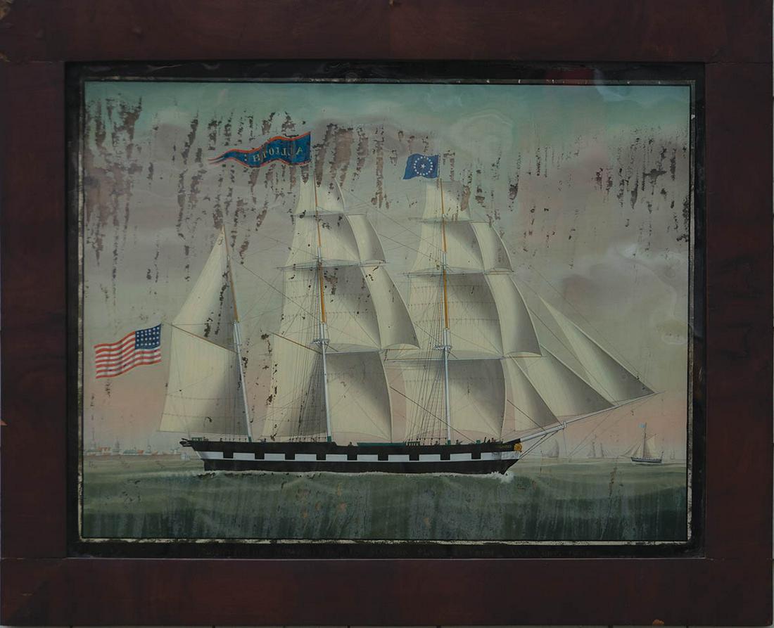 19TH C. REVERSE GLASS PAINTINGPainting of the ship: 19TH C. REVERSE GLASS PAINTINGPainting of the ship "Allioth" flying an American flag, "All with of Newburyport Jno Simpson, Master from Antwerp 1841" at bottom, extensive loss of paint, original paper