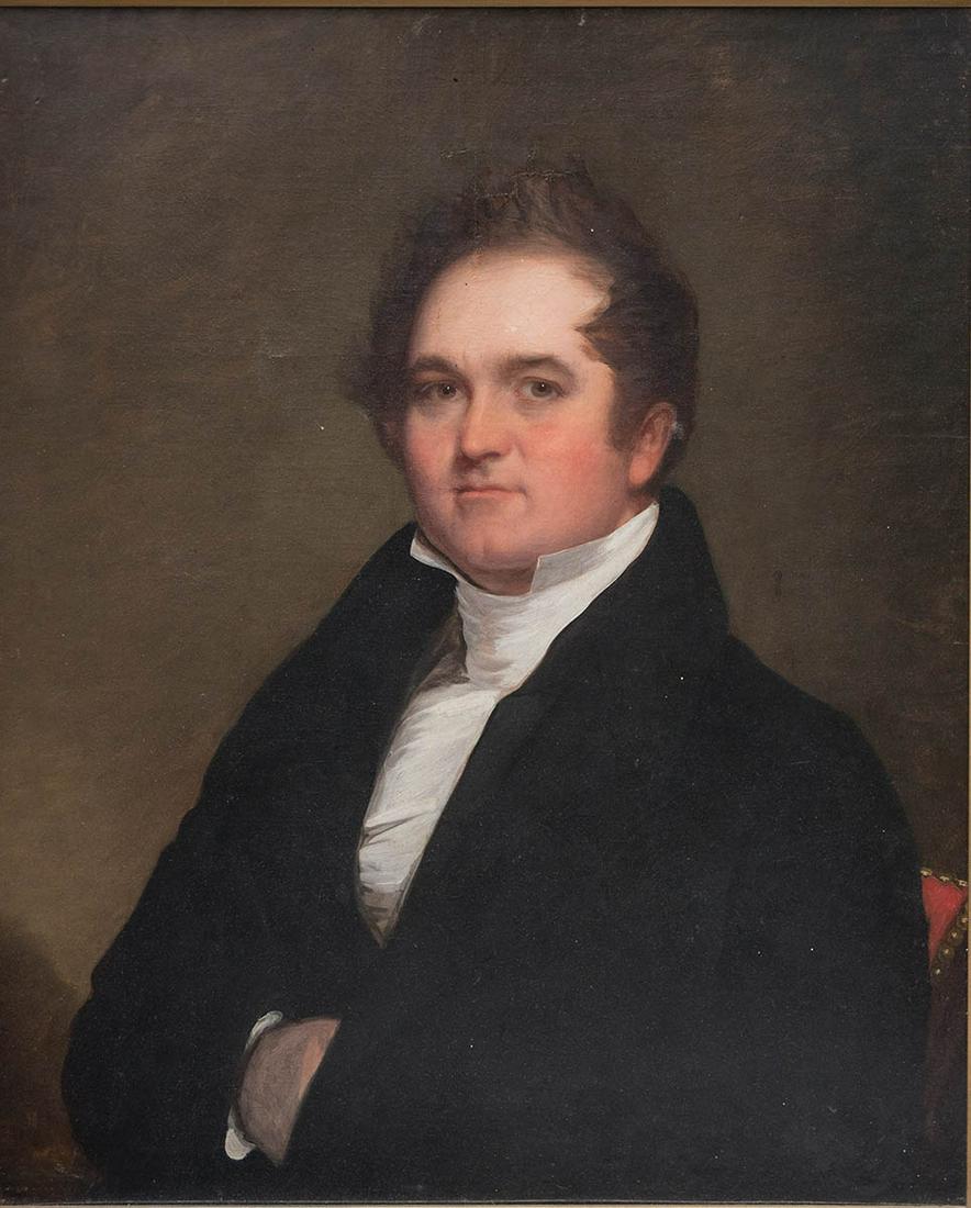 PORTRAIT OF HON. DAVID HENSHAWExcellent 19th c. oil on: PORTRAIT OF HON. DAVID HENSHAWExcellent 19th c. oil on canvas, the "Hon. David Henshaw, Collector of the Port of Boston, 1829-37, Secretary of the Navy 1843, Died 1853, Chester Harding Pt." on brass p
